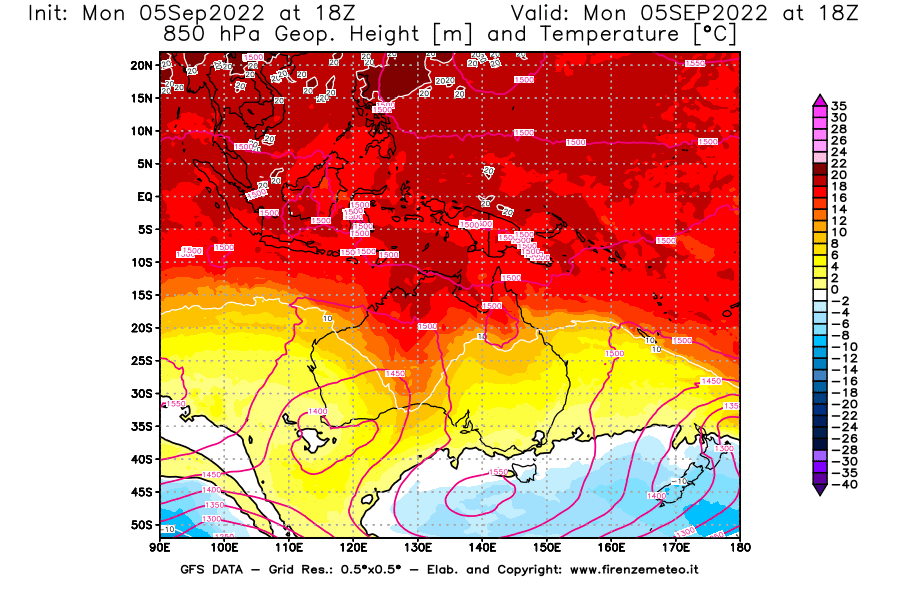 GFS analysi map - Geopotential [m] and Temperature [°C] at 850 hPa in Oceania
									on 05/09/2022 18 <!--googleoff: index-->UTC<!--googleon: index-->