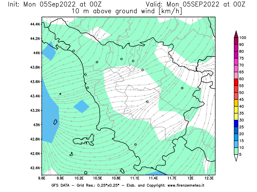 GFS analysi map - Wind Speed at 10 m above ground [km/h] in Tuscany
									on 05/09/2022 00 <!--googleoff: index-->UTC<!--googleon: index-->