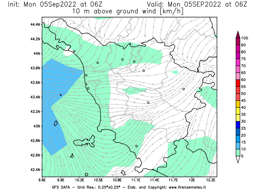Mappa di analisi GFS - Velocità del vento a 10 metri dal suolo [km/h] in Toscana
							del 05/09/2022 06 <!--googleoff: index-->UTC<!--googleon: index-->