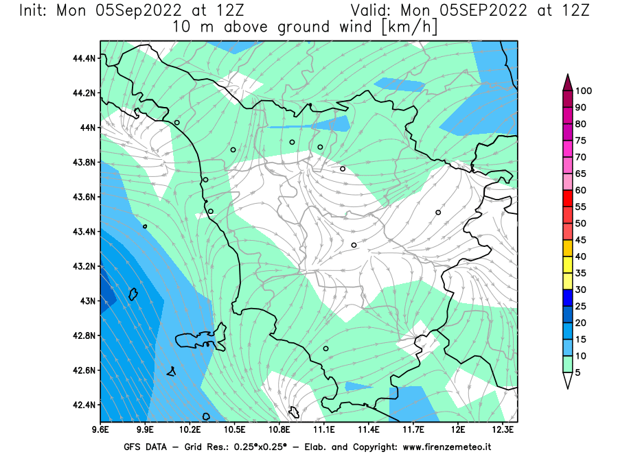 Mappa di analisi GFS - Velocità del vento a 10 metri dal suolo [km/h] in Toscana
							del 05/09/2022 12 <!--googleoff: index-->UTC<!--googleon: index-->