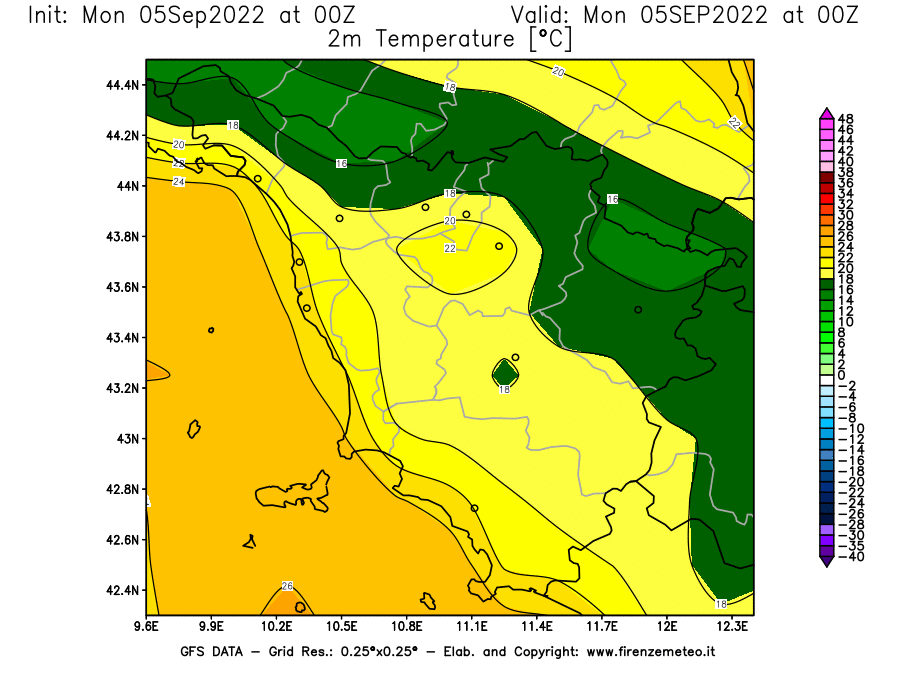 GFS analysi map - Temperature at 2 m above ground [°C] in Tuscany
									on 05/09/2022 00 <!--googleoff: index-->UTC<!--googleon: index-->