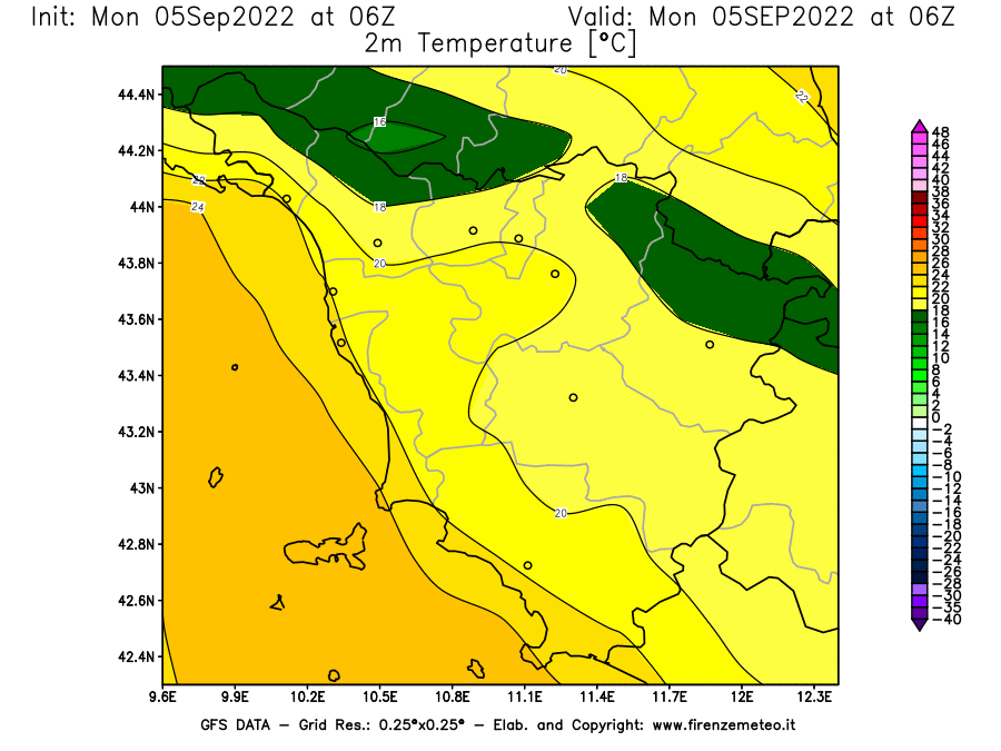 GFS analysi map - Temperature at 2 m above ground [°C] in Tuscany
									on 05/09/2022 06 <!--googleoff: index-->UTC<!--googleon: index-->