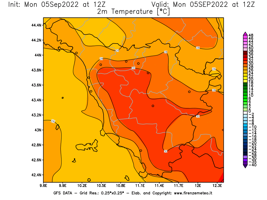Mappa di analisi GFS - Temperatura a 2 metri dal suolo [°C] in Toscana
							del 05/09/2022 12 <!--googleoff: index-->UTC<!--googleon: index-->