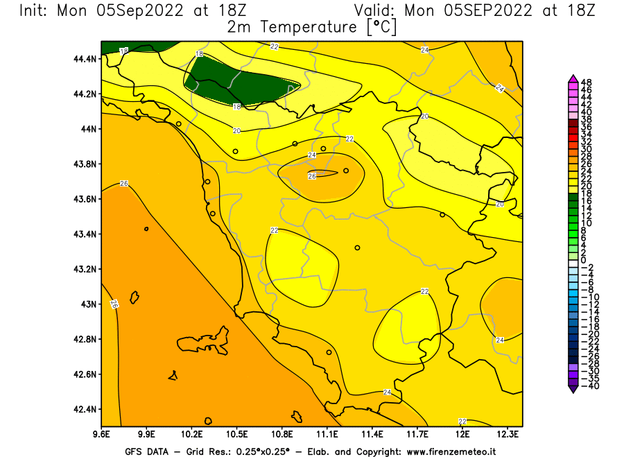 Mappa di analisi GFS - Temperatura a 2 metri dal suolo [°C] in Toscana
							del 05/09/2022 18 <!--googleoff: index-->UTC<!--googleon: index-->