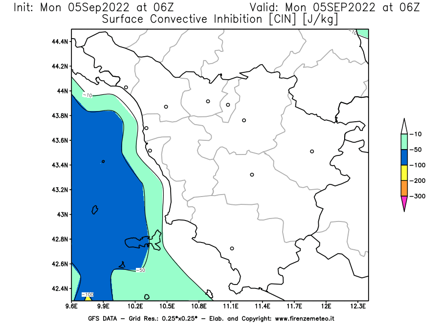 Mappa di analisi GFS - CIN [J/kg] in Toscana
							del 05/09/2022 06 <!--googleoff: index-->UTC<!--googleon: index-->