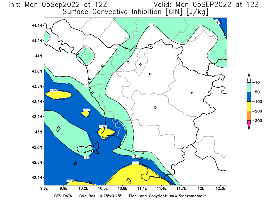 GFS analysi map - CIN [J/kg] in Tuscany
									on 05/09/2022 12 <!--googleoff: index-->UTC<!--googleon: index-->