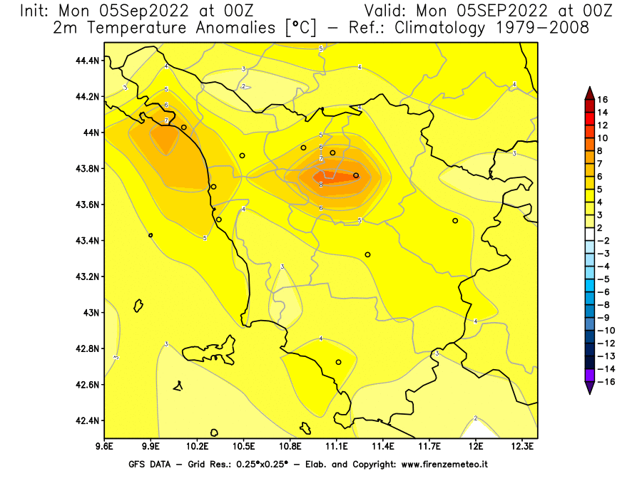 GFS analysi map - Temperature Anomalies [°C] at 2 m in Tuscany
									on 05/09/2022 00 <!--googleoff: index-->UTC<!--googleon: index-->