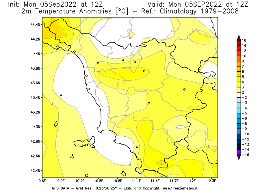 Mappa di analisi GFS - Anomalia Temperatura [°C] a 2 m in Toscana
							del 05/09/2022 12 <!--googleoff: index-->UTC<!--googleon: index-->