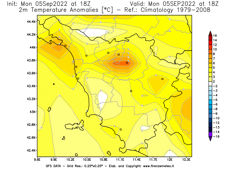 Mappa di analisi GFS - Anomalia Temperatura [°C] a 2 m in Toscana
							del 05/09/2022 18 <!--googleoff: index-->UTC<!--googleon: index-->