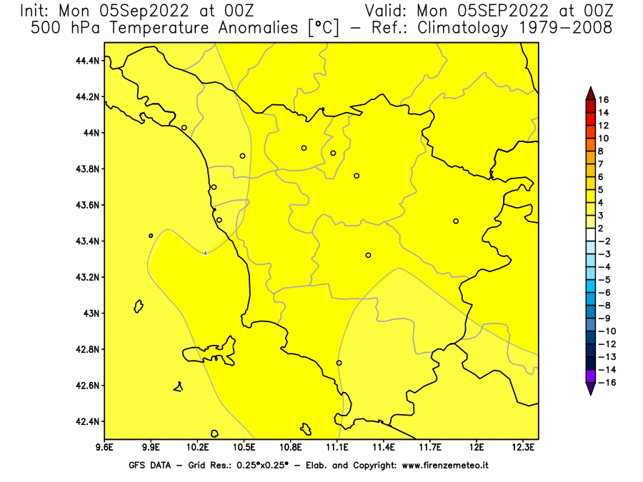 GFS analysi map - Temperature Anomalies [°C] at 500 hPa in Tuscany
									on 05/09/2022 00 <!--googleoff: index-->UTC<!--googleon: index-->