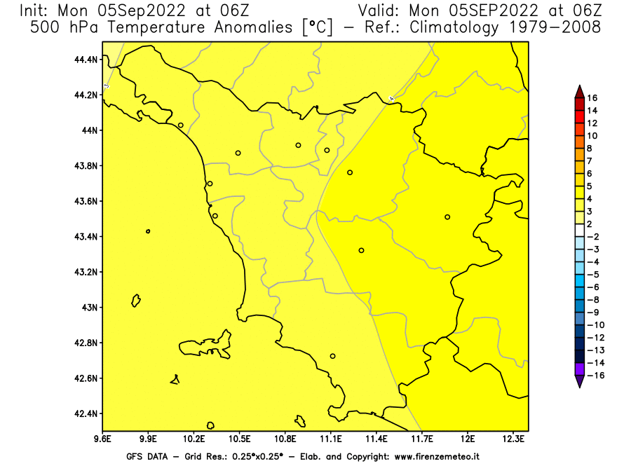 Mappa di analisi GFS - Anomalia Temperatura [°C] a 500 hPa in Toscana
							del 05/09/2022 06 <!--googleoff: index-->UTC<!--googleon: index-->