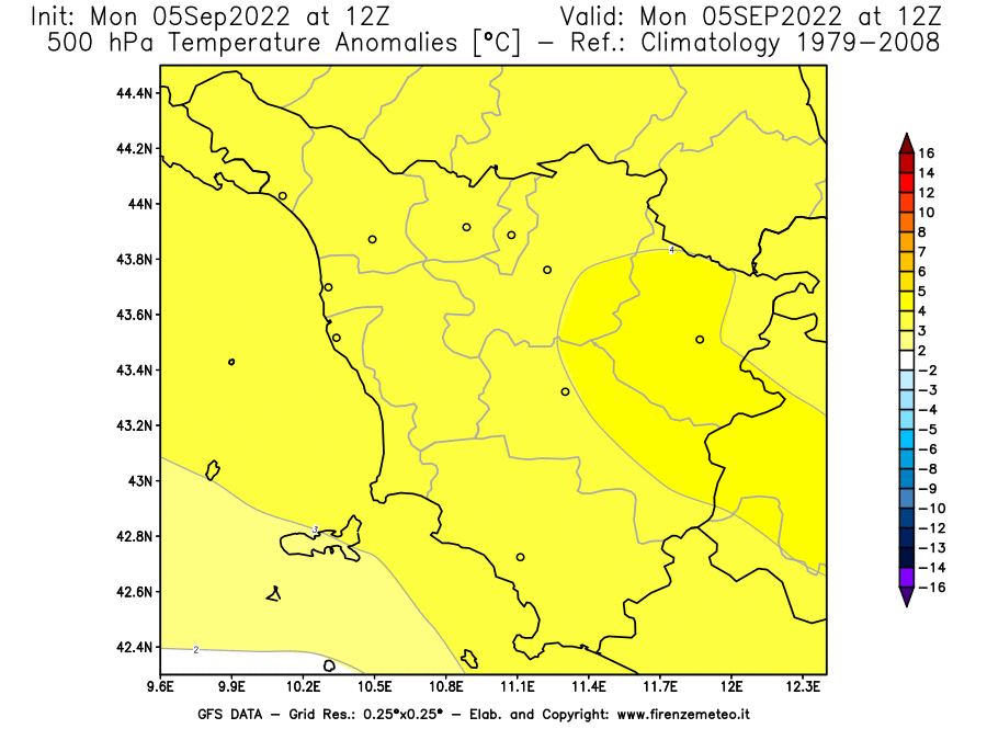 GFS analysi map - Temperature Anomalies [°C] at 500 hPa in Tuscany
									on 05/09/2022 12 <!--googleoff: index-->UTC<!--googleon: index-->