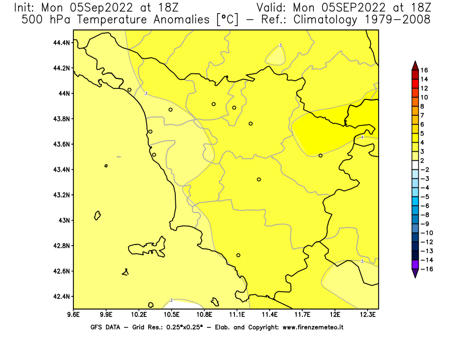 GFS analysi map - Temperature Anomalies [°C] at 500 hPa in Tuscany
									on 05/09/2022 18 <!--googleoff: index-->UTC<!--googleon: index-->