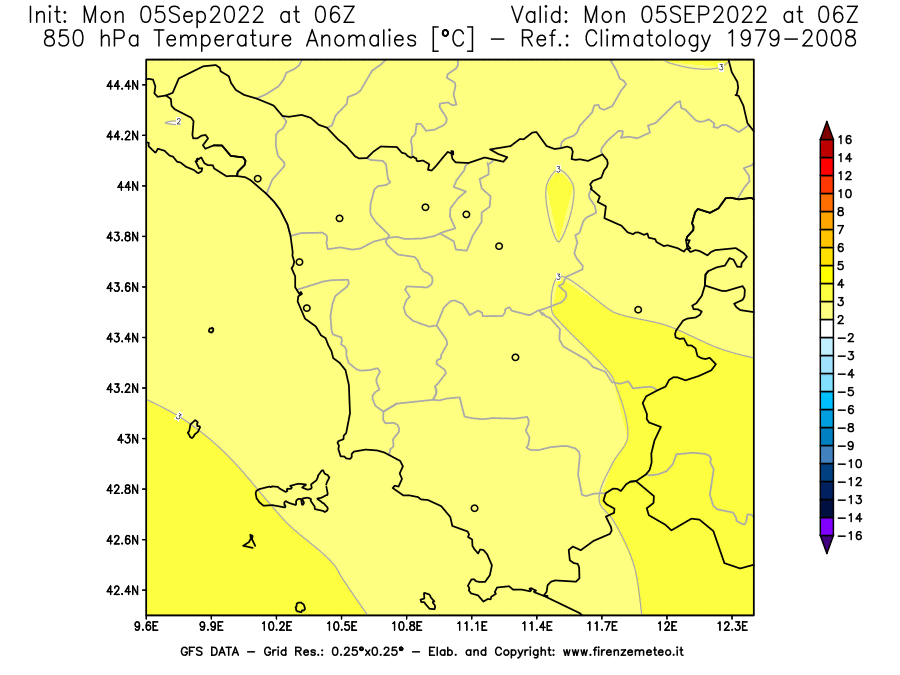 GFS analysi map - Temperature Anomalies [°C] at 850 hPa in Tuscany
									on 05/09/2022 06 <!--googleoff: index-->UTC<!--googleon: index-->