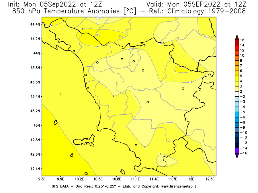 GFS analysi map - Temperature Anomalies [°C] at 850 hPa in Tuscany
									on 05/09/2022 12 <!--googleoff: index-->UTC<!--googleon: index-->