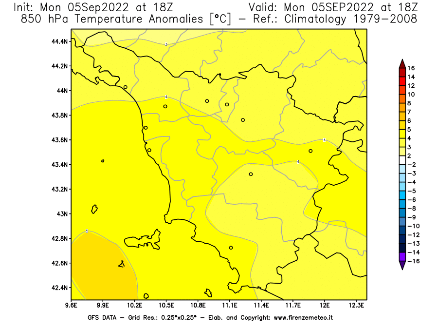 GFS analysi map - Temperature Anomalies [°C] at 850 hPa in Tuscany
									on 05/09/2022 18 <!--googleoff: index-->UTC<!--googleon: index-->