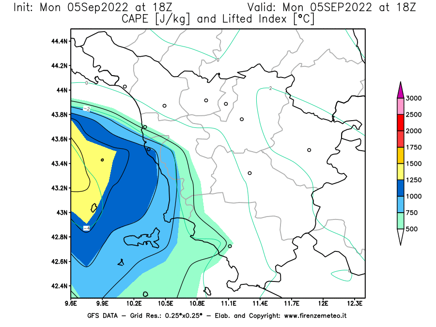 Mappa di analisi GFS - CAPE [J/kg] e Lifted Index [°C] in Toscana
							del 05/09/2022 18 <!--googleoff: index-->UTC<!--googleon: index-->
