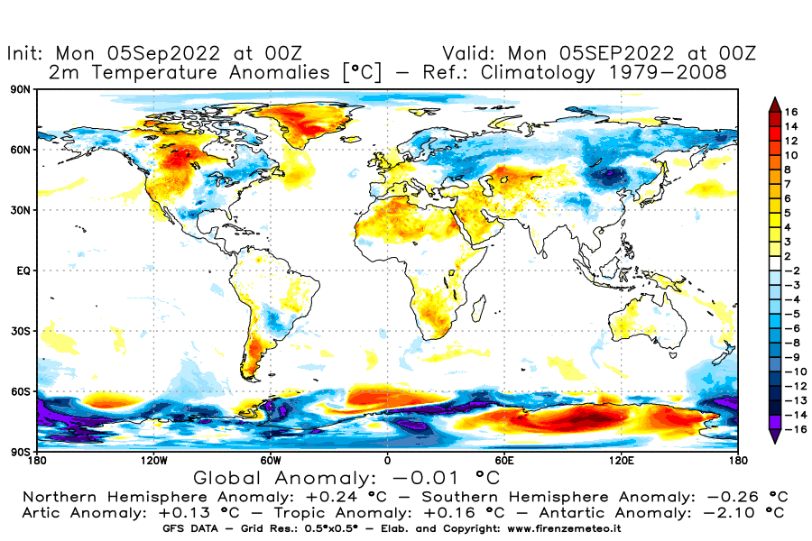 Mappa di analisi GFS - Anomalia Temperatura [°C] a 2 m in World
							del 05/09/2022 00 <!--googleoff: index-->UTC<!--googleon: index-->