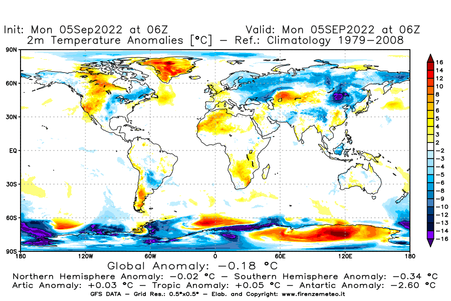 Mappa di analisi GFS - Anomalia Temperatura [°C] a 2 m in World
							del 05/09/2022 06 <!--googleoff: index-->UTC<!--googleon: index-->