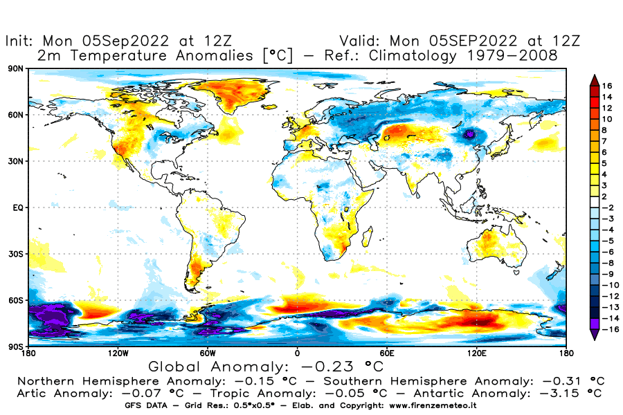 Mappa di analisi GFS - Anomalia Temperatura [°C] a 2 m in World
							del 05/09/2022 12 <!--googleoff: index-->UTC<!--googleon: index-->