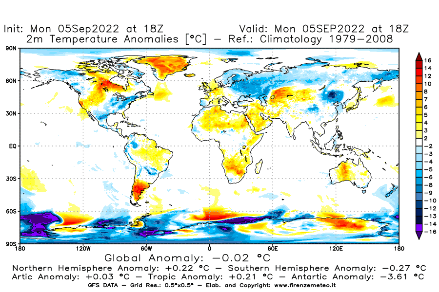 Mappa di analisi GFS - Anomalia Temperatura [°C] a 2 m in World
							del 05/09/2022 18 <!--googleoff: index-->UTC<!--googleon: index-->