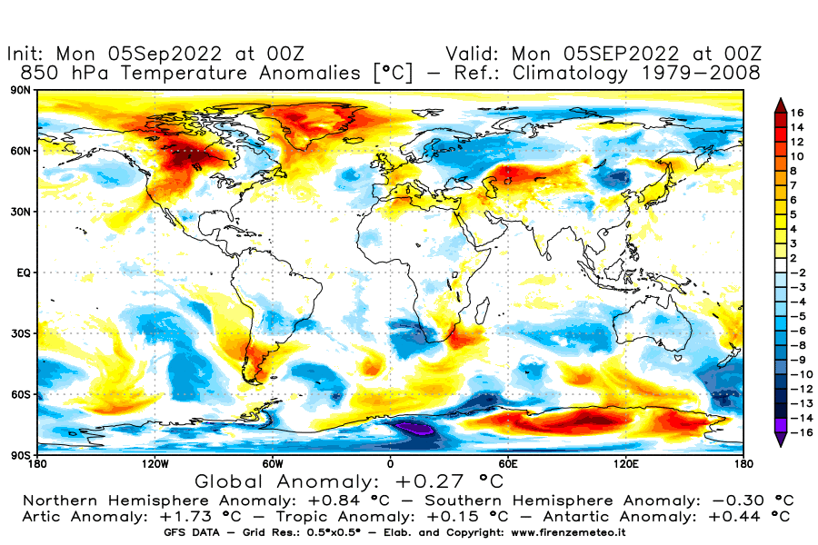 Mappa di analisi GFS - Anomalia Temperatura [°C] a 850 hPa in World
							del 05/09/2022 00 <!--googleoff: index-->UTC<!--googleon: index-->