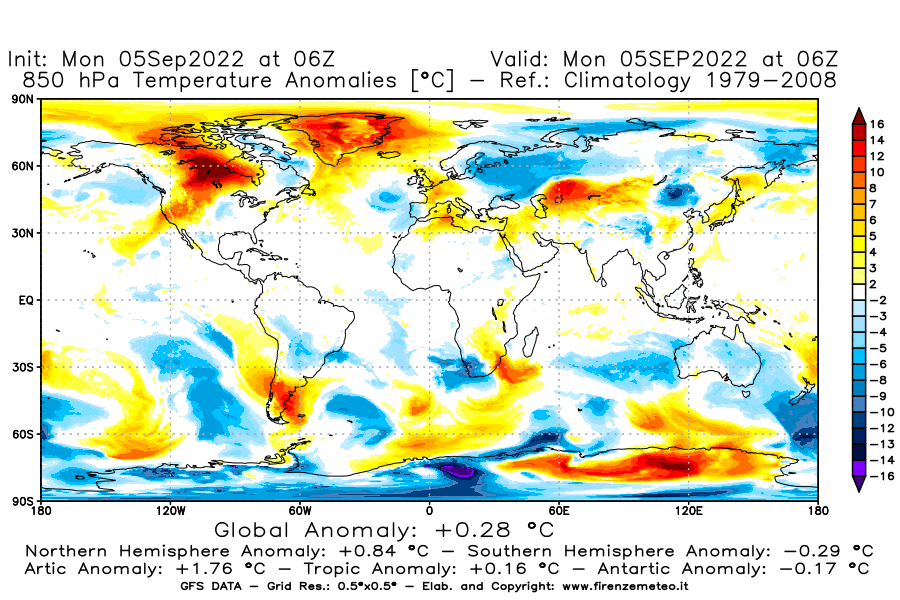 Mappa di analisi GFS - Anomalia Temperatura [°C] a 850 hPa in World
							del 05/09/2022 06 <!--googleoff: index-->UTC<!--googleon: index-->