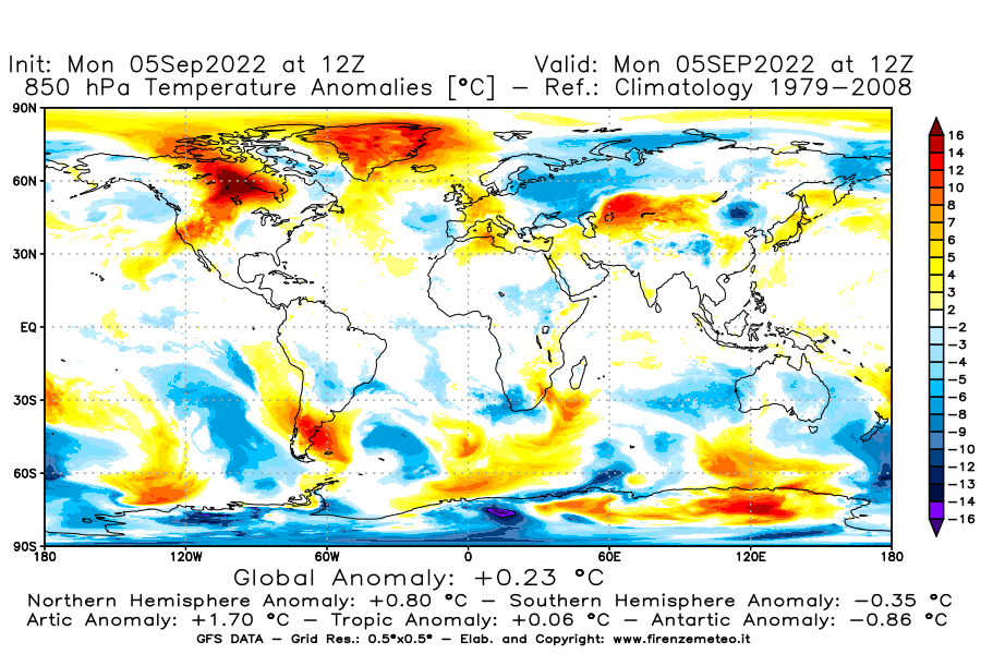 Mappa di analisi GFS - Anomalia Temperatura [°C] a 850 hPa in World
							del 05/09/2022 12 <!--googleoff: index-->UTC<!--googleon: index-->