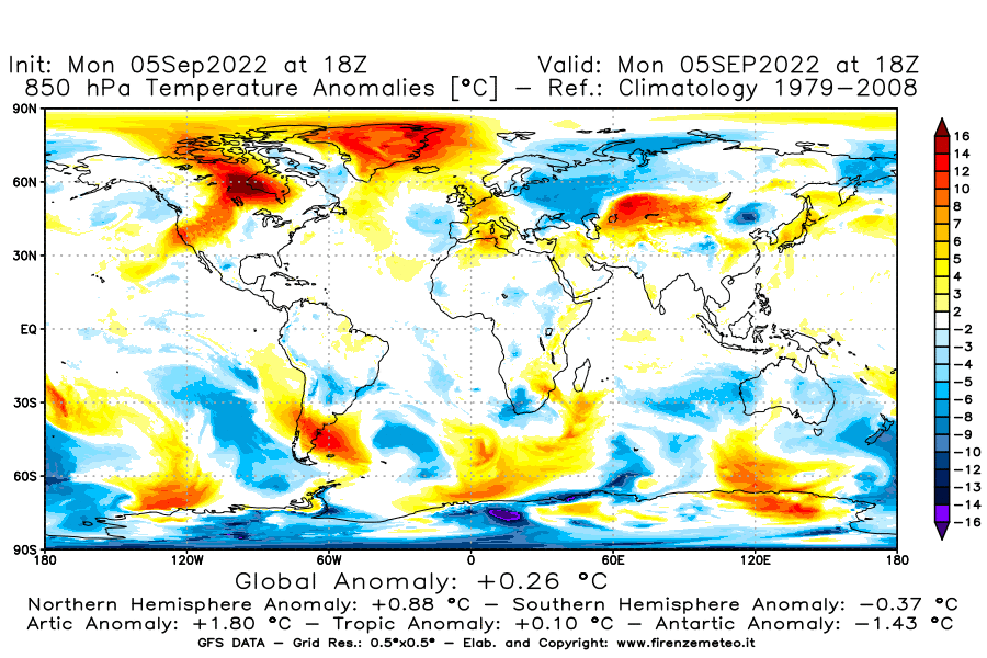 Mappa di analisi GFS - Anomalia Temperatura [°C] a 850 hPa in World
							del 05/09/2022 18 <!--googleoff: index-->UTC<!--googleon: index-->