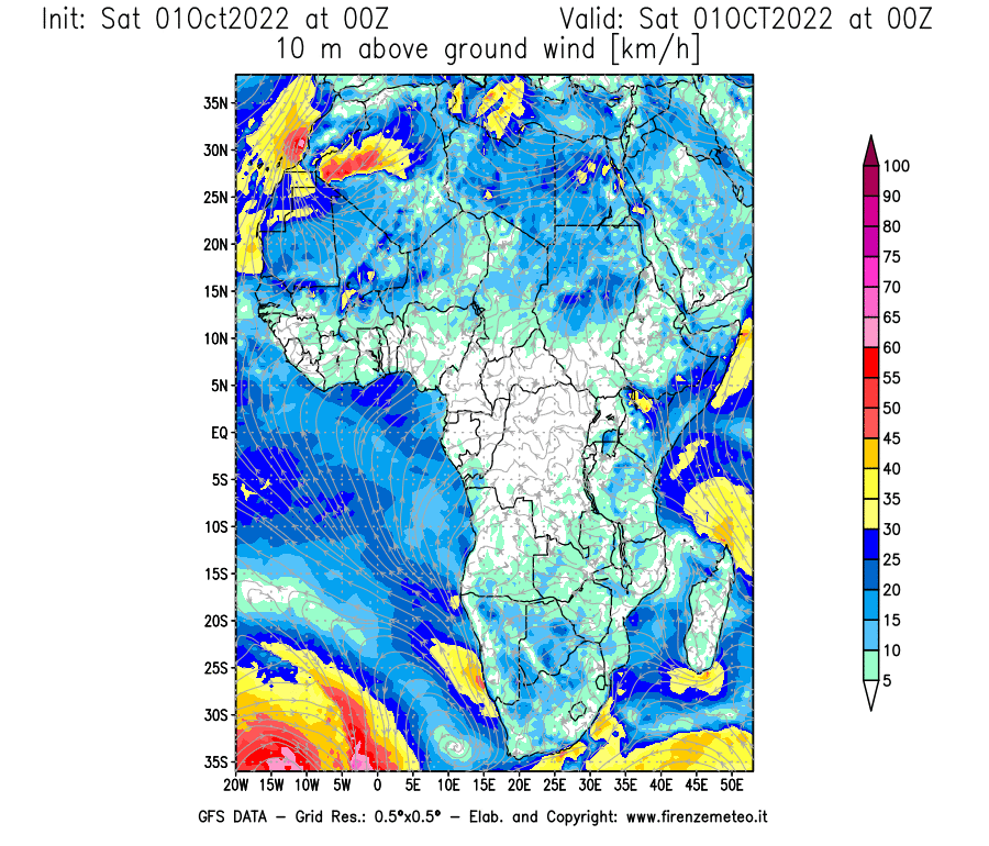 Mappa di analisi GFS - Velocità del vento a 10 metri dal suolo [km/h] in Africa
							del 01/10/2022 00 <!--googleoff: index-->UTC<!--googleon: index-->