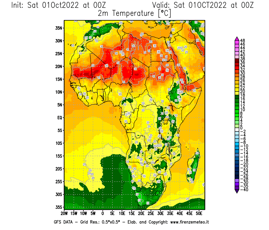 Mappa di analisi GFS - Temperatura a 2 metri dal suolo [°C] in Africa
							del 01/10/2022 00 <!--googleoff: index-->UTC<!--googleon: index-->