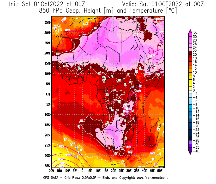 Mappa di analisi GFS - Geopotenziale [m] e Temperatura [°C] a 850 hPa in Africa
							del 01/10/2022 00 <!--googleoff: index-->UTC<!--googleon: index-->