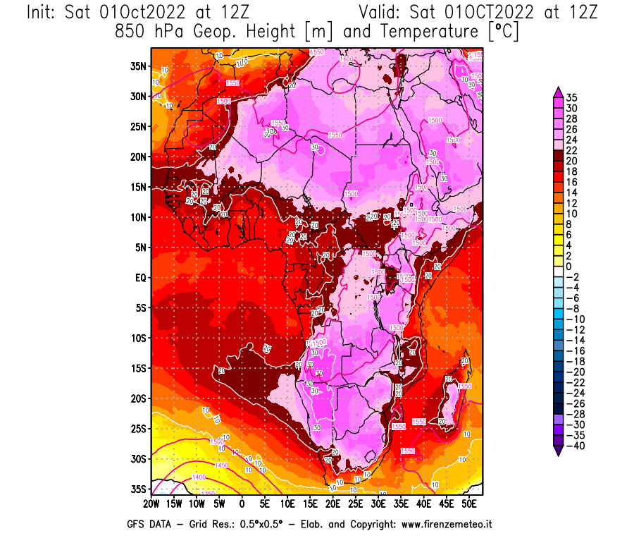 Mappa di analisi GFS - Geopotenziale [m] e Temperatura [°C] a 850 hPa in Africa
							del 01/10/2022 12 <!--googleoff: index-->UTC<!--googleon: index-->