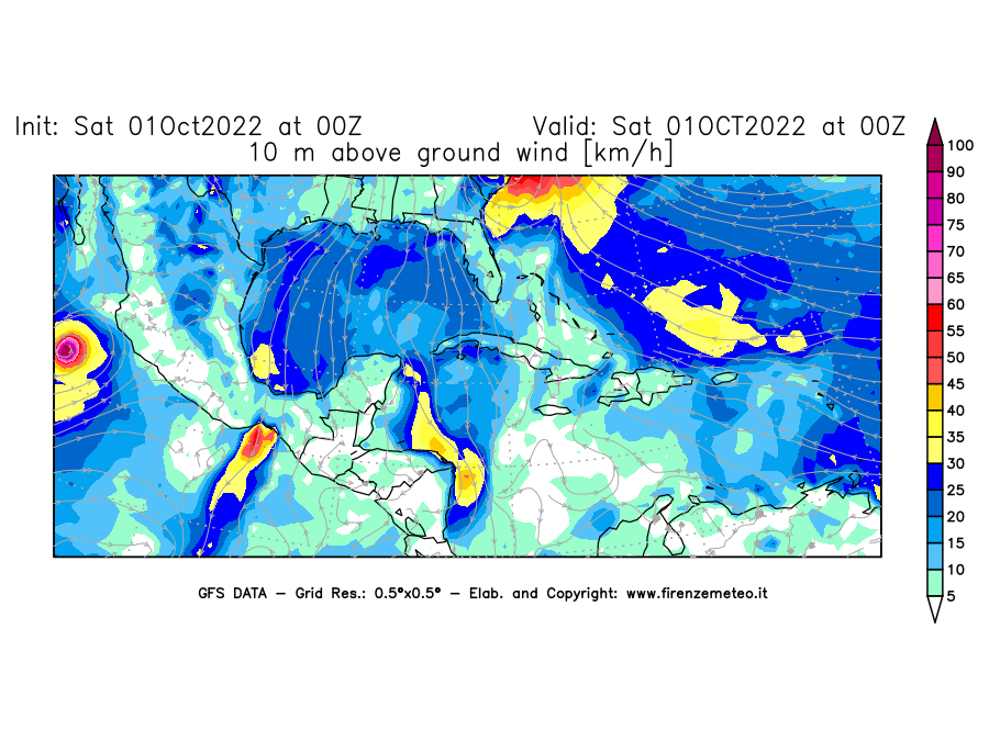 Mappa di analisi GFS - Velocità del vento a 10 metri dal suolo [km/h] in Centro-America
							del 01/10/2022 00 <!--googleoff: index-->UTC<!--googleon: index-->