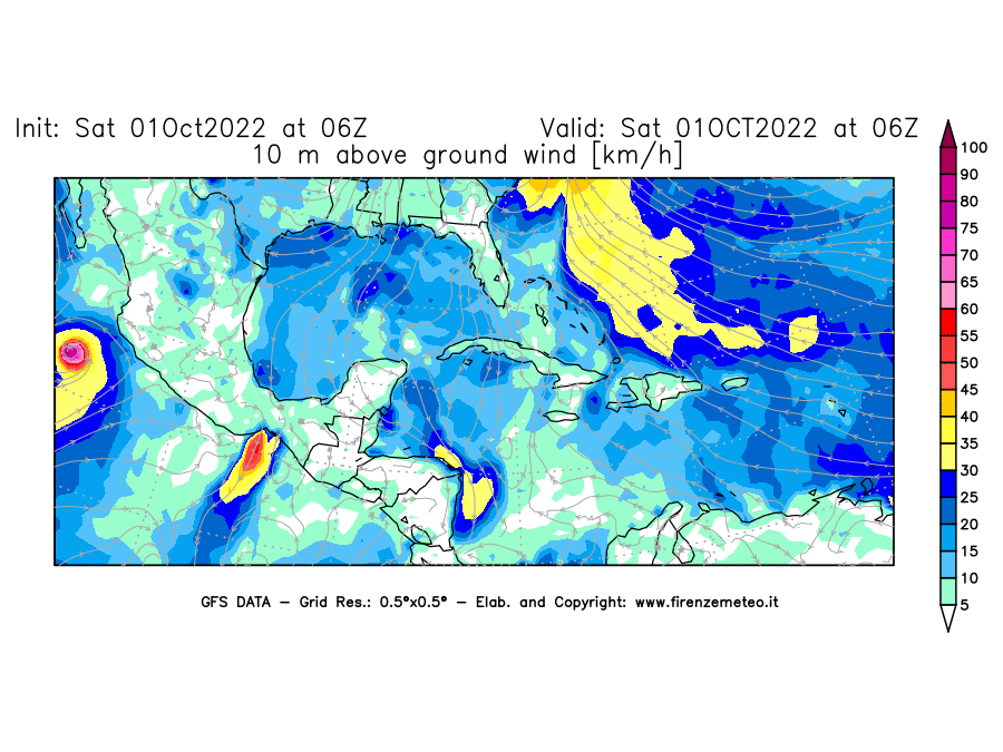 Mappa di analisi GFS - Velocità del vento a 10 metri dal suolo [km/h] in Centro-America
							del 01/10/2022 06 <!--googleoff: index-->UTC<!--googleon: index-->