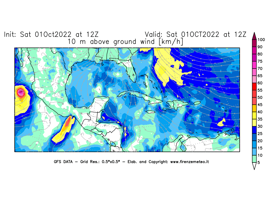 Mappa di analisi GFS - Velocità del vento a 10 metri dal suolo [km/h] in Centro-America
							del 01/10/2022 12 <!--googleoff: index-->UTC<!--googleon: index-->