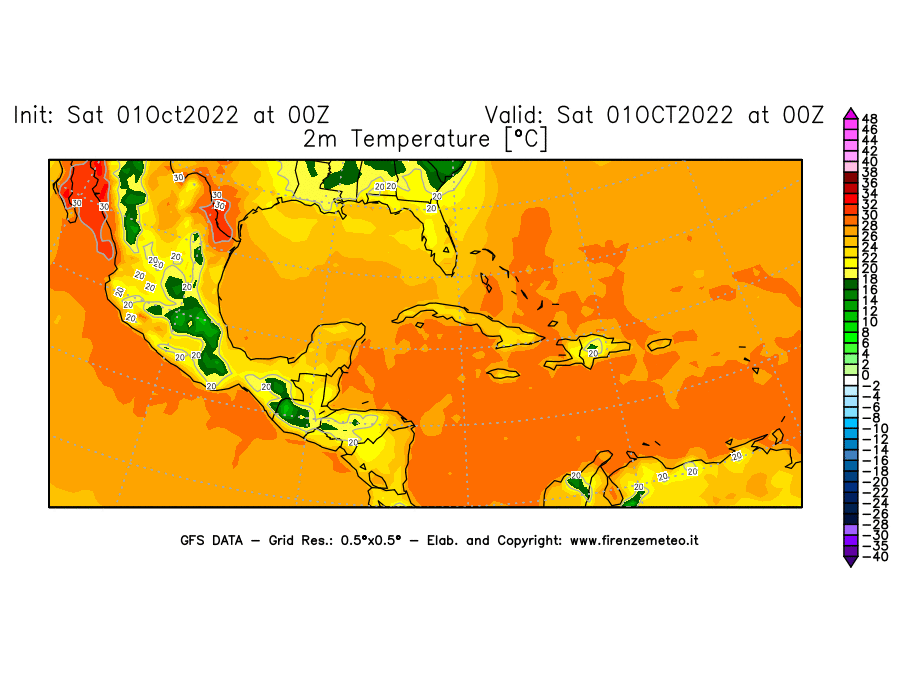 Mappa di analisi GFS - Temperatura a 2 metri dal suolo [°C] in Centro-America
							del 01/10/2022 00 <!--googleoff: index-->UTC<!--googleon: index-->