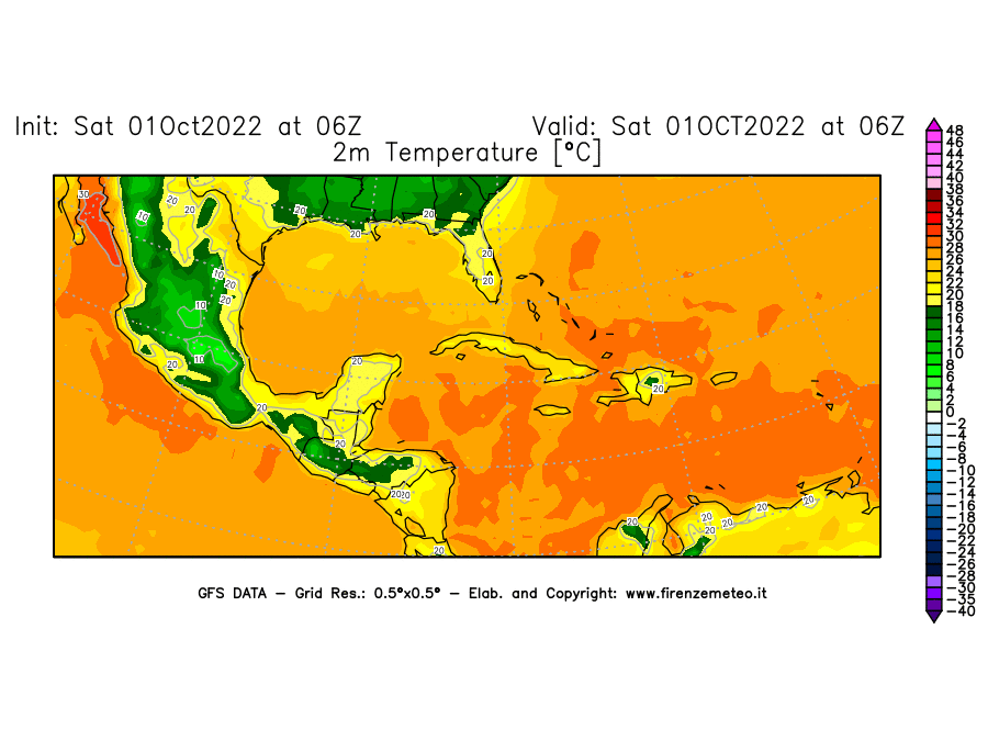 Mappa di analisi GFS - Temperatura a 2 metri dal suolo [°C] in Centro-America
							del 01/10/2022 06 <!--googleoff: index-->UTC<!--googleon: index-->