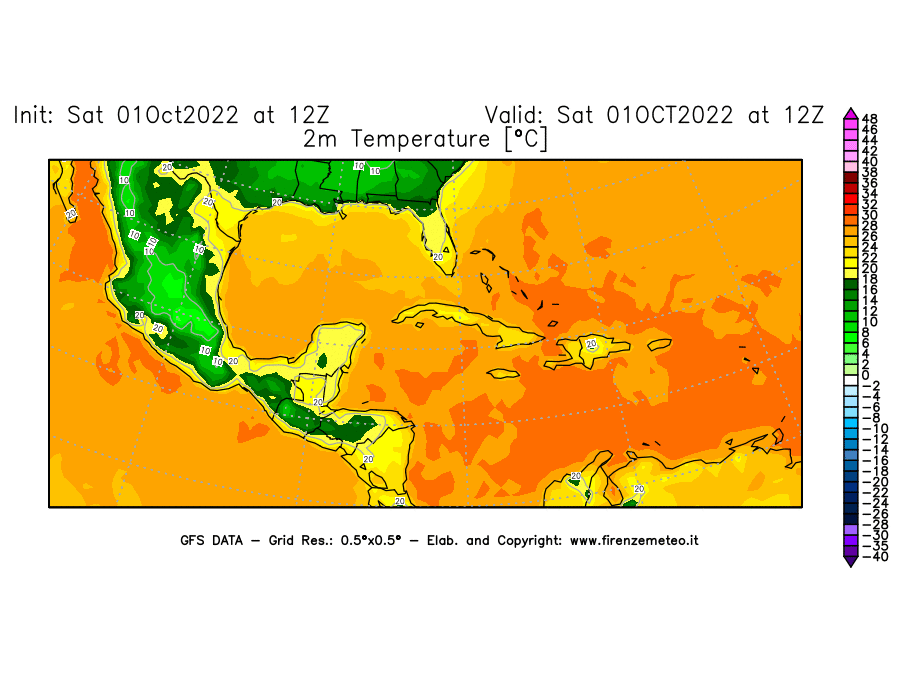 Mappa di analisi GFS - Temperatura a 2 metri dal suolo [°C] in Centro-America
							del 01/10/2022 12 <!--googleoff: index-->UTC<!--googleon: index-->