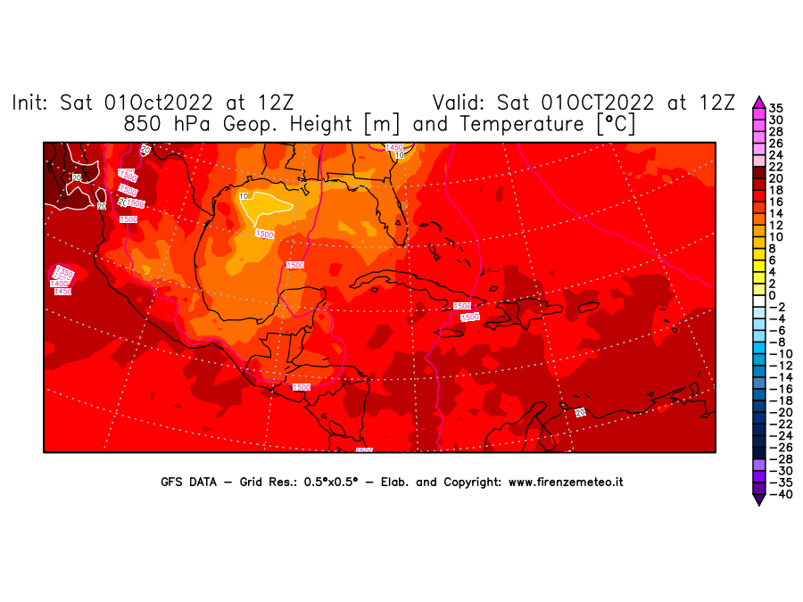 Mappa di analisi GFS - Geopotenziale [m] e Temperatura [°C] a 850 hPa in Centro-America
							del 01/10/2022 12 <!--googleoff: index-->UTC<!--googleon: index-->