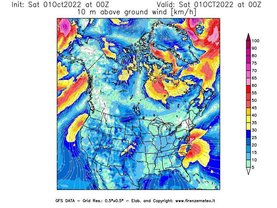Mappa di analisi GFS - Velocità del vento a 10 metri dal suolo [km/h] in Nord-America
							del 01/10/2022 00 <!--googleoff: index-->UTC<!--googleon: index-->