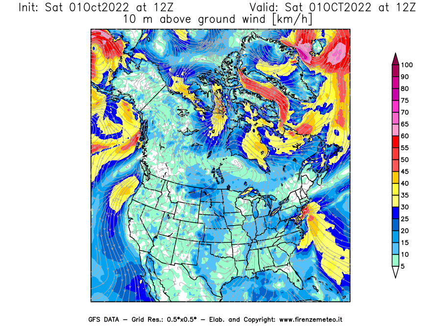 Mappa di analisi GFS - Velocità del vento a 10 metri dal suolo [km/h] in Nord-America
							del 01/10/2022 12 <!--googleoff: index-->UTC<!--googleon: index-->