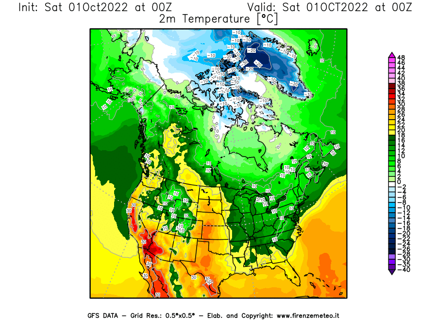 Mappa di analisi GFS - Temperatura a 2 metri dal suolo [°C] in Nord-America
							del 01/10/2022 00 <!--googleoff: index-->UTC<!--googleon: index-->