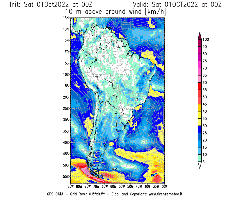 Mappa di analisi GFS - Velocità del vento a 10 metri dal suolo [km/h] in Sud-America
							del 01/10/2022 00 <!--googleoff: index-->UTC<!--googleon: index-->