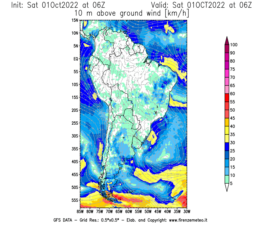 Mappa di analisi GFS - Velocità del vento a 10 metri dal suolo [km/h] in Sud-America
							del 01/10/2022 06 <!--googleoff: index-->UTC<!--googleon: index-->