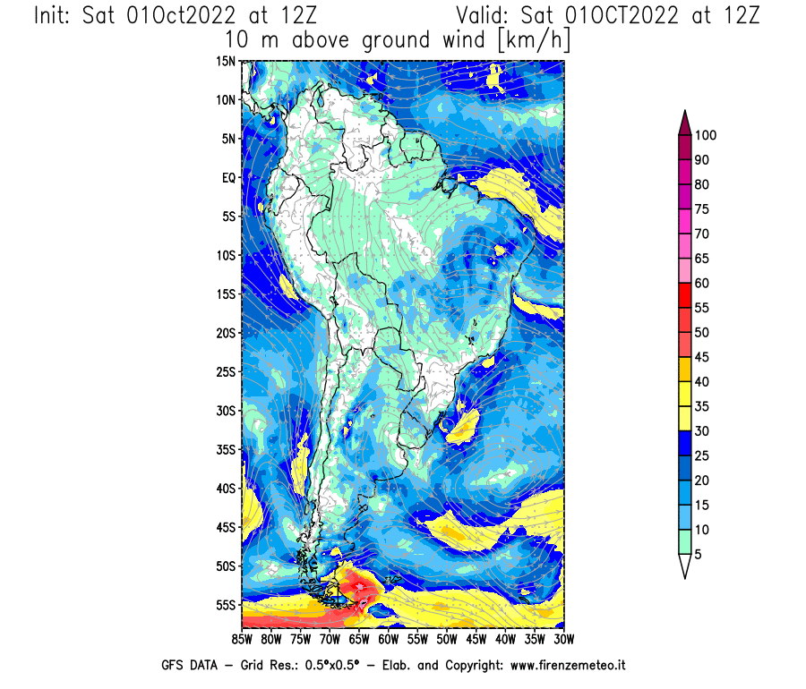 Mappa di analisi GFS - Velocità del vento a 10 metri dal suolo [km/h] in Sud-America
							del 01/10/2022 12 <!--googleoff: index-->UTC<!--googleon: index-->
