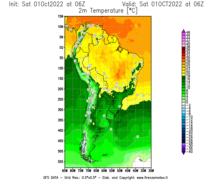 Mappa di analisi GFS - Temperatura a 2 metri dal suolo [°C] in Sud-America
							del 01/10/2022 06 <!--googleoff: index-->UTC<!--googleon: index-->