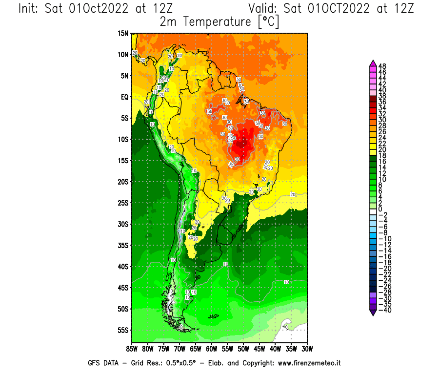 Mappa di analisi GFS - Temperatura a 2 metri dal suolo [°C] in Sud-America
							del 01/10/2022 12 <!--googleoff: index-->UTC<!--googleon: index-->