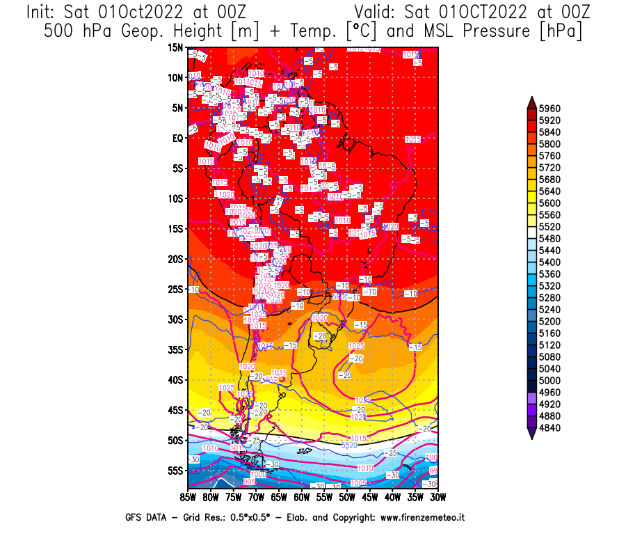 Mappa di analisi GFS - Geopotenziale [m] + Temp. [°C] a 500 hPa + Press. a livello del mare [hPa] in Sud-America
							del 01/10/2022 00 <!--googleoff: index-->UTC<!--googleon: index-->