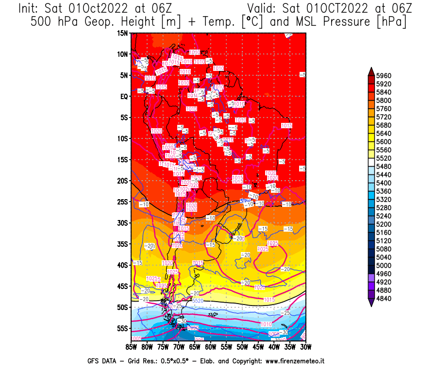 Mappa di analisi GFS - Geopotenziale [m] + Temp. [°C] a 500 hPa + Press. a livello del mare [hPa] in Sud-America
							del 01/10/2022 06 <!--googleoff: index-->UTC<!--googleon: index-->